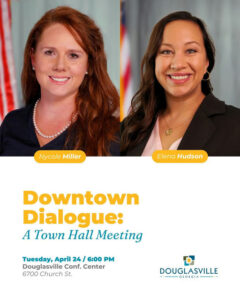 Photo shared by City of Douglasville, GA on March 26, 2025 tagging @elenafordouglasville. Возможно, это изображение 2 человека, журнал, постер, офис и текст «Nycole NycoleMiller Miller Elena Hudson Downtown Dialogue: A Τοωη Hall Meeting Tuesday, April 24 / 6:00 P Douglasville Conf. Center 6700 Church St. DOUGLASVILLE GEORGIA-».