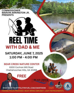 Photo shared by Commissioner Marvin S. Arrington, Jr on April 14, 2025 tagging @marvinarringtonjr, @swatsnation, @fultonforward, and @onefulton. Pode ser uma imagem de 3 pessoas, pessoas pescando, peixe, pôster e texto que diz "COM COMMISSIONER MARVIN ARRINGTON JR. PRESENTS REEL TIME WITH DAD & ME SATURDAY, JUNE 7, 2025 1:00 PM 4:00 PM BEAR CREEK NATURE CENTER 6300 Cochran Mill Road Chattahoochee Hills, GA 30268 FREE BEAR CREEK NATURE CENTER + SPARTANS សាម្កយមារារ្រ្រិសិប្តិត MARHNARR MUST RSVP to HTTP:/TINYURL.COM/CMARTWDM FULTON COUNTY TBIEeS FISHING POLES PROVIDED. MUST BRING OWN BAIT LIGHT REFRESHMENTS.".