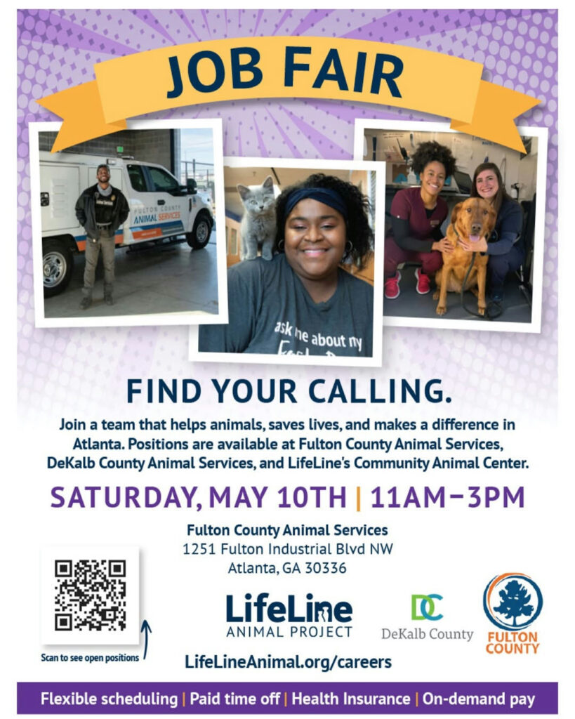 Discover a career that makes a real impact with LifeLine Animal Project's upcoming Job Fair! Mark your calendar for Saturday, May 10, from 11 AM to 3 PM at Fulton County Animal Services. This is an incredible opportunity to join a dedicated team committed to animal welfare across all three of their shelter locations: Fulton County Animal Services, DeKalb County Animal Services, and LifeLine’s Community Animal Center. With roles offering on-the-job training, flexible schedules, and comprehensive health benefits, working here is more than just a job—it's a calling to help save animals' lives and make a tangible difference in the community. Explore available positions and apply in advance by visiting lifelineanimal.org/careers. Be part of a mission-driven team that's changing lives. #HappeningInFulton #FultonCounty #LifeLineAnimalProject #AnimalCareers #JobFair #FultonAnimalServices #DeKalbCounty #AnimalWelfare #CommunityJobs #FGTV