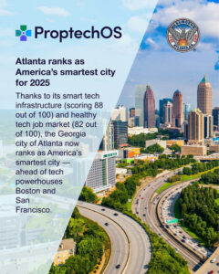 Photo by City Of Atlanta on May 12, 2025. Pode ser uma imagem de texto que diz "FSUROHLE ProptechOs Atlanta ranks as America's smartest city for 2025 Thanks to its smart tech infrastructure (scoring 88 out of 100) and healthy tech job market (82 out of 100), the Georgia city of Atlanta now ranks as America' S smartest city ahead of tech powerhouses Boston and San Francisco.".