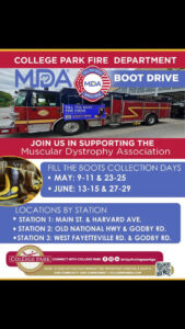 Keywords: 'College Park Firefighters,' 'Muscular Dystrophy,' 'Support.' This title captures the essence of the post by highlighting the bravery of the College Park Fire Department while emphasizing their support for Muscular Dystrophy awareness. It aligns with Instagram's best practices by being clear and engaging, encouraging users to participate in the Fill the Boot campaign. The action verb 'Celebrate' invokes a sense of honor and engagement, prompting users to join the cause and spread awareness.