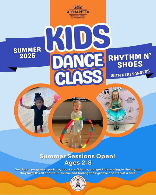 Photo by AlpharettaRecreation in Alpharetta, Georgia. Inaweza kuwa picha ya Watu 3, watu wanacheza, bango na maandishi yanayosema 'MECITY EVA ALPHARETTA CREATONPARKS& SUMMER KIDS 2025 DANCE RHYTHM N' SHOES CLASS WITH PERI SANDERS AlPHrA SAMENE ALPHARETTA LPHARETIA .4 ไระะวิิดอก SummerSessions Summer Sessions Open! Ages 2-8 Our dance programs spark joy, boost confidence, and kids moving to the rhythm love!It's all about fun, music, and finding their groove one step at ta time.'.