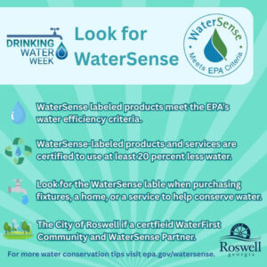 Photo by City of Roswell, Georgia on May 09, 2025. May be an image of poster, water filter, water bottle, body of water and text that says 'DRINKING WATER WEEK Look for Natersense Sense WaterSense Noots EPA Onitere WaterSense labeled products meet the EPA's water efficiency criteria. WaterSense-labeled productsand and services are certified to use at least least20 percent less water. Lookforthe Look the WaterSense lable when purchasing fixtures, a home, ,oraservice service to help conserve water. The City of Roswell certfieid WaterFirst Community and WaterSense Partner. Roswell For more water conservation tips visit epa.gov/watersense. georgia'.
