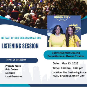 Keywords: 'Union City', 'Listening Session', 'Join the Conversation'. This title effectively encapsulates the essence of the event, inviting community participation while highlighting the importance of the discussion with local leaders. By using an action-oriented phrase like 'Join the Conversation', it fosters a sense of urgency and engagement, aligning with Instagram's best practices which favor interactive content. The title is clear, inspiring, and prompts users to participate in shaping their community, ensuring it resonates with the target audience and encourages engagement.