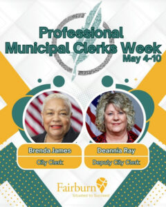 Photo by City of Fairburn Ga on May 06, 2025. May be an image of 2 people, poster, magazine, card, office and text that says 'Professional Munici al Clerks μΈμ Week May 4-10 α α 587α αα£αα SOPSIANLUPS Brenda BrendaJames James City Clerk Deannia Ray Deputy City Clerk Fairburn Situated to Succeed'.