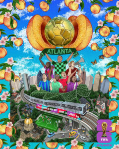 Photo by FIFA World Cup 2026 Atlanta in Atlanta, Georgia with @centennial_park, @downtownatlanta, @soccerstreets, @jhadathy, @atlantabeltline, @atlantasportscouncil, @discoveratlanta, @midtown_atl, @cityofatlantaga, @atlutd, @fifaworldcup, @martatransit, @martinlutherkingjrnps, @atlairport, @mercedesbenzstadium, @southdowntownatl, and @191peachtreetower. May be a cartoon of 1 person, poster and text that says '第00 ATLANTA FIFA WORLD CUP 26 JUNE 11 JULY ATLANTA 19 G L 酒 FIFA ATLANTA'.