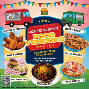 Photo by City of Hapeville in Hapeville, Georgia. Pode ser uma imagem de texto que diz "NOANAEE CAPTINS CAPTINSOFCONCRETE OF CONCRETE HAPPY DAYSI WINGS WINGS&STRINGSI & STRINGS! 2025 SPECIAL EVENTS FOOR VENDORS WANTED MOUTH-WATERING FOOD FOODTRUCKS TRUCKS LOOKING FOR VENDORS FOR ALL EVENTSI JAZZ & SEAFOODI APPLY USING APPLYUSINGQCODE QR CODE CHILICOOK-OFFI OFFI COOK-OFFI - FOR MORE INFO.. EMAIL TADEO@HAPEVILLE.ORG DR CALL 404-669-2136 MOVIE NIGHTSI MOVIENIGHTSI KK".