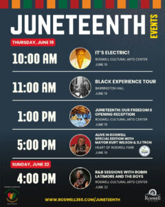 Experience a celebration of freedom and culture in Roswell this Juneteenth Weekend! From June 19-22, enjoy a vibrant lineup of music, art, and community events that honor the legacy of African Americans. Join the festivities and create unforgettable memories with family and friends!