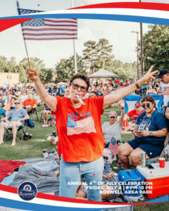 Photo by City of Roswell, Georgia on June 26, 2025. May be an image of 3 people, flag, banner, park and text that says "OLDANK Roswell Heargia Eorgia Roswell ANNUAL 4TH OFJULY OF CELEBRATION FRIDAY, JULY 4 6PM-10 PM ROSWELL AREA PARK".