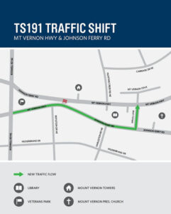 Photo by City of Sandy Springs on June 17, 2025. Puede ser una imagen de automóvil, mapa y texto que dice "TS191 TRAFFIC SHIFT MT VERNON HWY & JOHNSON FERRY RD CARRIAGE RNE JOHNSON FERR FERRY RD HUNTING CREEKR NE MT ERNON TVERNONC COVE VERNONHWY MT ERNO MTVERNONHWY HWY MT MTVERNONHWY 20 BOTOOONN NE SPRUILLLANE LANE SPRUILL HILDERBRAND DR + FERRY RD HARLESTON STONRDNE RDNE JOHNSON FERRY RD HILDERBRAND DR NEW TRAFFIC NEWTRAFFICFLOW FLOW LIBRARY 11 MOUNT VERNON TOWERS VETERANS PARK + MOUNT VERNON PRES, CHURCH".