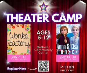 Photo by City of Milton, Georgia on June 16, 2025. May be a cartoon of 2 people, poster and text that says "レよソー PRODUCTIONS THEATER CAMP AGES 5-12 Wonka Zactory Bethwell Community Center July 7-11 7- 11 9 am-4pm am -4 pm Anna f I'sa FROZEN July 14- 14-18 14 18 9 am -4 9am-4pm -4pm 4 pm Register Here MILTON PARKS PARKS&REC & REC".