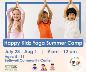 Photo by City of Milton, Georgia on June 26, 2025. May be an image of 3 people, child, people practising yoga and text that says "Happy Kidz Yoga Summer Camp July 28- Aug 1 Ages: 5 -11 Bethwell Community Center I 9 am-12 am 12 pm MILTON PARKS & REC Yoga ទកាម់".