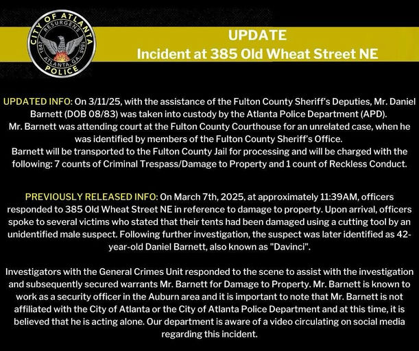 Photo shared by Atlanta Police Department on March 11, 2025 tagging @cityofatlantaga. Puede ser una captura de pantalla de Twitter de periódico y texto.