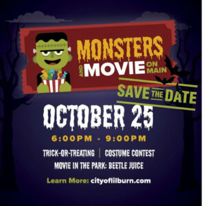 Photo by City of Lilburn on September 09, 2025. May be an image of poster and text that says 'MONSTERS ON o MOVIE MAIN SAVE SAVETHEDATE THE DATE OCTOBER 25 6:00PM -9:00PM TRICK-OR-TREATING COSTUME CONTEST MOVIE IN THE PARK: BEETLE JUICE Learn More: cityoflilburn.com'.