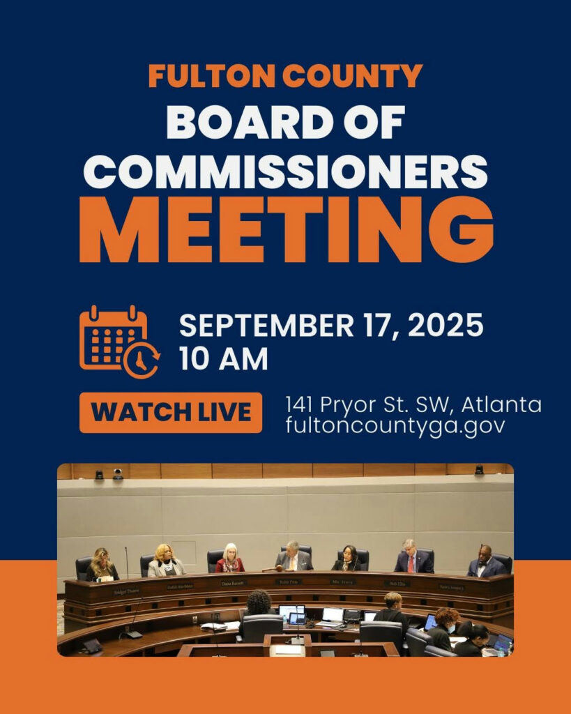 The Fulton County Board of Commissioners will meet on Wednesday, September 17, 2025 at 10 a.m. in Assembly Hall. The meeting will be aired live on FGTV at fultoncountyga.gov/watch-fgtv and https://www.youtube.com/fultongovernmenttv The agenda for this meeting is available online at: https://fultoncountyga.gov/commissioners/agenda-minutes #FultonInfo