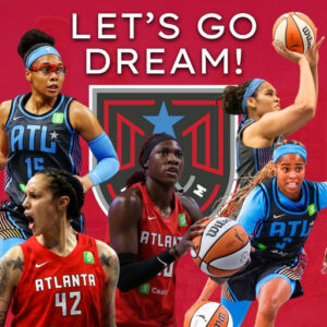 Photo shared by Metro Atlanta Chamber on September 14, 2025 tagging @atlantadream, @graytness_15, @jaeecan, @rhyne.howard, @brittneyyevettegriner, @cityofatlantaga, and @bri_jones18. May be an image of 4 people, people playing basketball, basketball jersey, ball and text that says 'A. LET'S GO DREAM! 下イ I T ATL 15 ATLAN Wilso ATy .ShA ATLANTA 42 Cash Cash/ ጣ'.