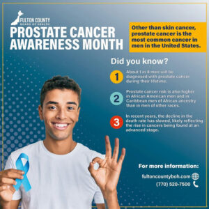 Photo by Fulton County Board of Health on September 17, 2025. May be an image of 1 person and text that says 'FULTON COUNTY PROSTATE CANCER AWARENESS MONTH Other than skin cancer, prostate cancer is the most common cancer in men in the United States. Did you know? 1 About in men vill be diagnosed with prostate cancer during their ifetime 2 Prostate cancer risk is also higher inAfrican American n and Caribbean men African ancestry thar men other races. 3 recent years, the decline in the death rate slowed, ikely reflecting cancers being found at an advanced stage. For more information: दे fultoncountyboh.com (770)520-7500 520-7500 (770)'.