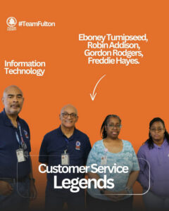 Photo by Fulton County Government on September 14, 2025. May be a graphic of 4 people, people standing, poster, magazine, office and text that says '#TeamFulton COUNTY FULTON Eboney Tumipseed, Robin Addison, Gordon Rodgers, Freddie FreddieHayes. Hayes. Information Technology พวมกาพ Customer Service Legends'.