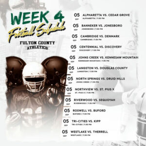 Photo by Fulton County Schools on September 05, 2025. May be a graphic of 1 person, playing football, magazine, football helmet, poster and text.