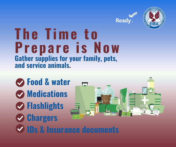 Photo by Atlanta-Fulton County Emergency Management Agency (AFCEMA) on September 15, 2025. May be an image of text that says 'Ready C EMERGENG ក្រា AOЛ EMA SIION The Time to Prepare is Now Gather supplies for your family, pets, and service animals. Food & water Medications Flashlights Chargers IDs & Insurance documents FIASTA'.