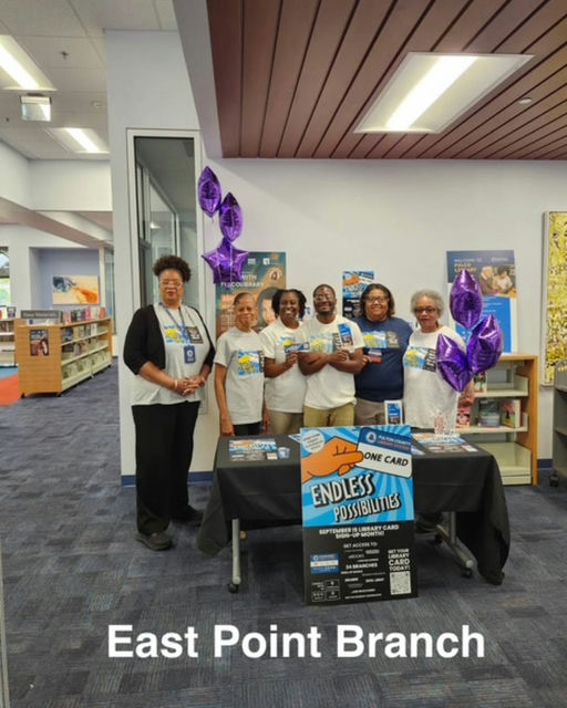 Photo by Fulton County Library System on October 08, 2025. May be an image of basketball, magazine, book, office and text that says 'LACOLERARY ONE CARD ENDLESS POSSIBIUTIES 6PTEMBER moT BRARY Ф East Point Branch'.