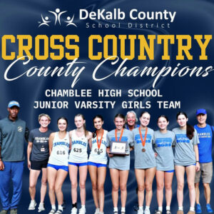 Photo shared by DeKalb Athletics on October 27, 2025 tagging @dekalbschools, and @chambleexc. May be an image of ‎text that says '‎ة DeKalb County School District CROSS COUNTRY County Champions CHAMBLEE HIGH SCHOOL JUNIOR VARSITY GIRLS TEAM 海田 HA. HAMBLE BAMBLER 625 616 6:5 HAMBLEE 3SCOREaYN 2025‎'‎.