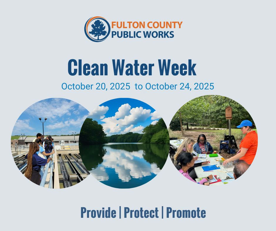 In commemoration of the Federal Clean Water Week, Fulton County Public Works invites you to participate in Clean Water Week! 💧Dispose of old medication and learn how to protect water quality at our pollution prevention pop-ups. Pop-ups will take place on Monday, October 20 and Wednesday, October 22. 💧Tour the Johns Creek Environmental Campus on Tuesday, October 21 from 10 to 11:30 am to learn how your wastewater is treated! {registration link in bio} 💧Finally, become a water steward by participating in our Pollution Prevention Lunch and Learn Webinar on Thursday, October 23 from 12 p.m. to 1 p.m. Lunch and Learn participants can even find out how to get their very own pollution prevention kit! {registration link in bio}