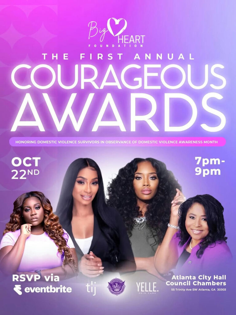 Join the community at Atlanta City Hall for the first annual Courageous Awards this evening from 7-9 pm. Celebrate and honor the strength of domestic violence survivors during Domestic Violence Awareness Month with Council member Andrea L. Boone and Big Heart Foundations.
