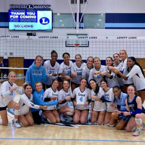 Photo shared by Lovett Athletics on October 24, 2025 tagging @thelovettschool, and @ghsa.official_. May be an image of volleyball, scoreboard and text that says 'LOVETT LIONS YOU FOR COMING FOR CON COMING GO LIONS പൽ OVETT LIONS LOVETT LIONS LOVETT LOVETTLIONS LIONS LOVETT LIONS LIONS VOLLEYBRT Lovett Lovett lovea, Lovett സഡ் LEVETT'.