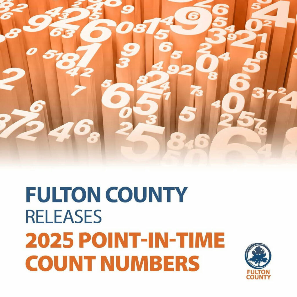 ulton County Releases January 2025 Point-in-Time Count Report The report reveals the faces of the homeless amidst growing needs. ATLANTA – Fulton County Continuum of Care (CoC) has released its annual number of individuals in shelters, temporary housing, and unsheltered settings. The 2025 Point in Time Count (PIT) Report indicates that more than 40% of those experiencing homelessness in Fulton County are unsheltered. On January 28, 2025, the PIT Count identified a total of 241 homeless individuals in the county. Of these, 103 individuals were classified as unsheltered, residing in places not meant for human habitation, while 138 or 57%, were sheltered in emergency shelters or transitional housing programs. The totals represent a 28.9% decrease from the 2024 count. “This is a vital and ongoing project that allows Fulton County to collect the necessary data needed to understand the demographic characteristics and living situations for persons experiencing homelessness,” said Stan Wilson, Fulton County Director of Community Development. “The goal is to not only collect this data, but to find unsheltered homeless individuals and families and connect them to available resources.” The Report also indicates that: 69% of homeless households counted were composed of adults. 28.2% of homeless households counted had one adult and one child. 18.7% of the homeless counted were children under the age of 18. Each year, the Fulton County PIT Homeless Count identifies vulnerable groups. Volunteers and service providers traveled throughout Fulton County conducting the surveys, providing outreach, and gathering information to determine which services are needed to alleviate barriers to housing. The vital information received from the Point-In-Time Count will help guide policies and initiatives to provide support, encourage community involvement, and find effective solutions. The CoC uses this real-time data to give a picture of how many people are entering the system, how many are leaving, and how many are moving into housing and able to stay housed. To review a copy of the 2025 PIT Report, visit https://fultoncountyga.gov/pointintimecount