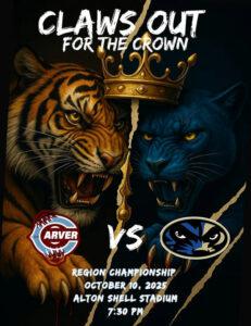 Photo by G.W. Carver High School on October 07, 2025. May be an image of basketball, poster and text that says 'CLAWS OUT FORTHICRO FOR THE CoC C CROWN ăƒ•ăƒ©ăƒ«ă‚¤ă‚¹ ARVER VS REGION CHAMPIONSHIP OCTOBER 10, 2025 ALTON SHELL STADIUM 7:30 PM'.