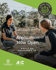 Two individuals in a garden, examining plants, behind a poster for the "Local Food System Plan" announcing "Application Now Open, Apply by November 14." Logos of the Food Well Alliance and Atlanta Regional Commission are visible at the bottom.