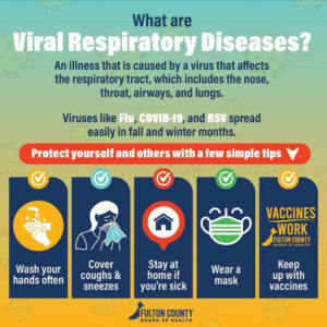 Photo by Fulton County Board of Health on October 07, 2025. May be an image of poster and text that says 'What are Viral Respiratory Diseases? An illness that is caused by a virus that affects the respiratory tract, which includes the nose, throat, airways, and lungs. Viruses like Flu, COVID-19, and RSV spread easily in fall and winter months. Protectyourself Protect yourself and others with a few simple tips Wash your hands often VACCINES WORK FULTONCOUNTY FULTON COUNTY BOARDO Cover coughs & sneezes Stay at home if you're sick Wear a mask Keep up with vaccines FULTON COUNTY BOARD OF HEALTH'.