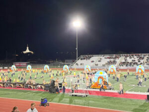 Photo shared by Westlake High School on October 27, 2025 tagging @westlakethunderbands, @westlakethundercolorguard, and @westlake_drum_line. May be an image of scoreboard, stadium and text.