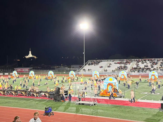 Photo shared by Westlake High School on October 27, 2025 tagging @westlakethunderbands, @westlakethundercolorguard, and @westlake_drum_line. May be an image of scoreboard, stadium and text.