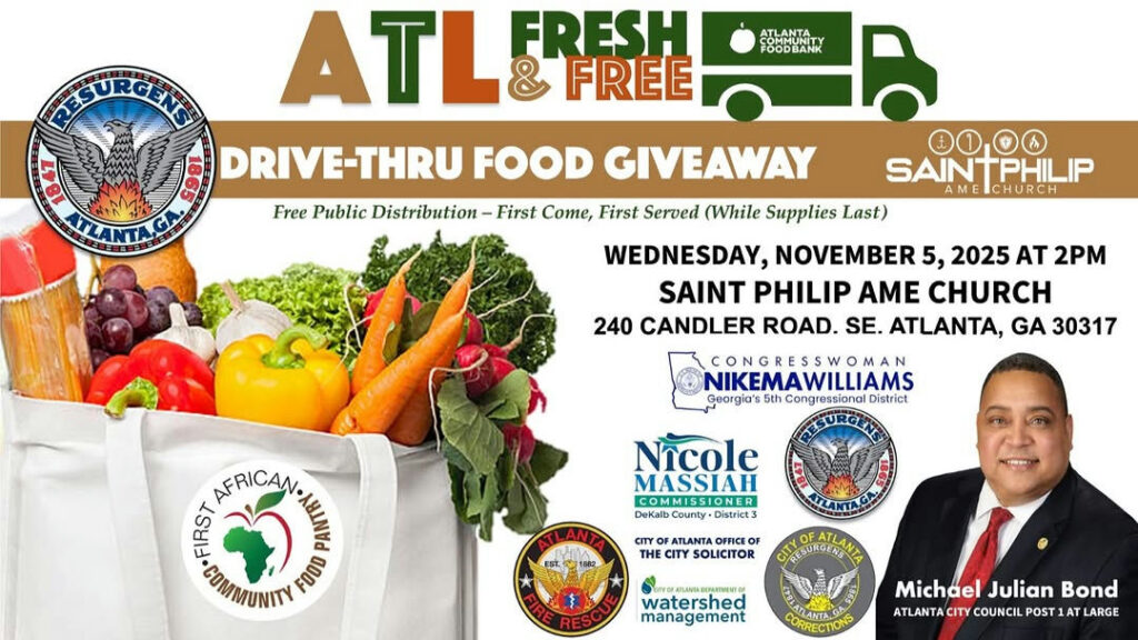 Atlanta City Council member Michael Julian Bond hosts the ATL Fresh & Free Drive-Thru Food Giveaway with Georgia 5th Congressional District Congresswoman Nikema Williams, Dekalb County District 3 Commissioner Nicole Massiah, First African Community Food Pantry, the City of Atlanta Office of the City Solicitor, Atlanta Fire Rescue, City of Atlanta Department of Watershed Management, and City of Atlanta Corrections Office. The event takes place at Saint Philip AME Church, 240 Candler Road, SE, and starts at 2 p.m. until supplies last. This is a free public food distribution, and all are invited to participate.