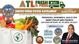 Atlanta City Council member Michael Julian Bond hosts the ATL Fresh & Free Drive-Thru Food Giveaway with Georgia 5th Congressional District Congresswoman Nikema Williams, Dekalb County District 3 Commissioner Nicole Massiah, First African Community Food Pantry, the City of Atlanta Office of the City Solicitor, Atlanta Fire Rescue, City of Atlanta Department of Watershed Management, and City of Atlanta Corrections Office. The event takes place at Saint Philip AME Church, 240 Candler Road, SE, and starts at 2 p.m. until supplies last. This is a free public food distribution, and all are invited to participate.