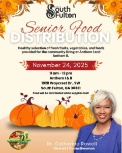 Join us for a community food distribution event at Anthem I & II, featuring a healthy selection of fresh fruits, vegetables, and foods. Dr. Catherine Rowell, District 1 Councilwoman, will be partnering with Green Life to provide essential resources to residents. Don't miss out! Food will be distributed on November 24, 2025, from 11 am to 12 pm while supplies last at 1928 Waycrest Dr., SW, South Fulton, GA 30331.