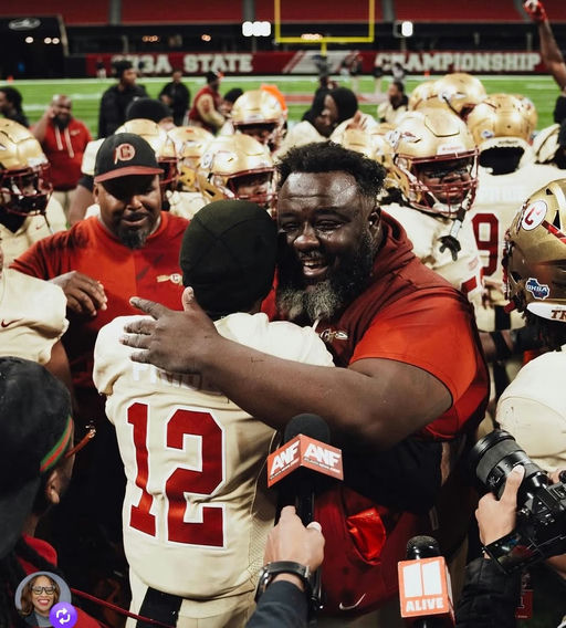 Photo by Fulton County Schools on December 15, 2025. May be an image of football, football helmet, crowd and text that says '33A STATE CHAMPIONSHIP 9 AиHHA 9 12 ALIVE'.