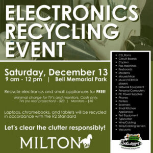 Photo by City of Milton, Georgia on December 10, 2025. May be an image of garbage and text that says 'ELECTRONICS RECYCLING EVENT Saturday, December 13 9 am- 12 pm Bell Memorial Park Roms Circuit CircuitBoards Copiers FaxMachines Keyboards Modems Mouse/Mice Music/VCR/CD players NetworkEquipment Network Equipment PersonalComputer. ters Power Suppli CPowerSupplie es Phones Recycle electronics and small appliances for FREE! Minimal charge for TV's and monitors. Cash only. TVS (no rean projection) $20 Monitors $10 Laptops, chromebooks and tablets will be recycled in accordance with the R2 Standard SmallKitchen Let's clear the clutter responsibly! MILTON® estEquipment Typcwriter Wire/Cabling Wire/Cabling gServers Vacuums JÜNKLuggers วลญปคกกรสต'.
