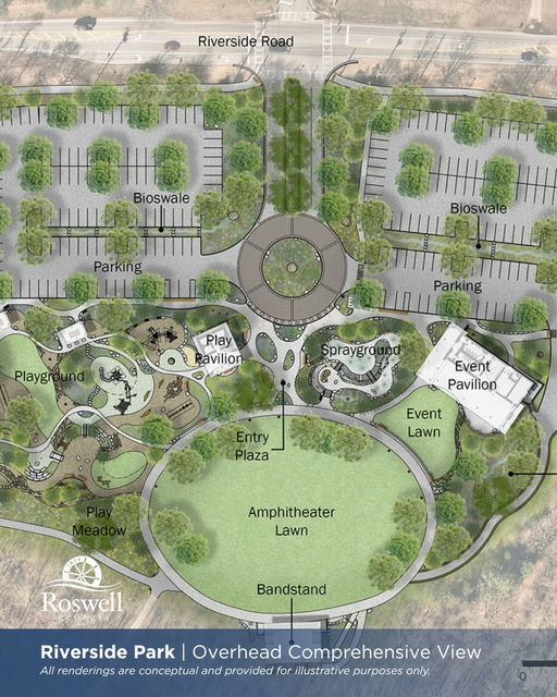 Photo shared by City of Roswell, Georgia on December 12, 2025 tagging @roswellrecandparks. May be an image of floor plan, park and text that says 'Riverside RiversideRoad Road Bioswale THII Bioswale Parking แูแลนจา Parking Playgr Play avilion Spraygra Event Pavilion Entry Plaza Event Lawn Amphitheater Lawn Roswell Bandstand Riverside Park Overhead Comprehensive View All renderings are conceptual and provided for illustrative purposes only.'.