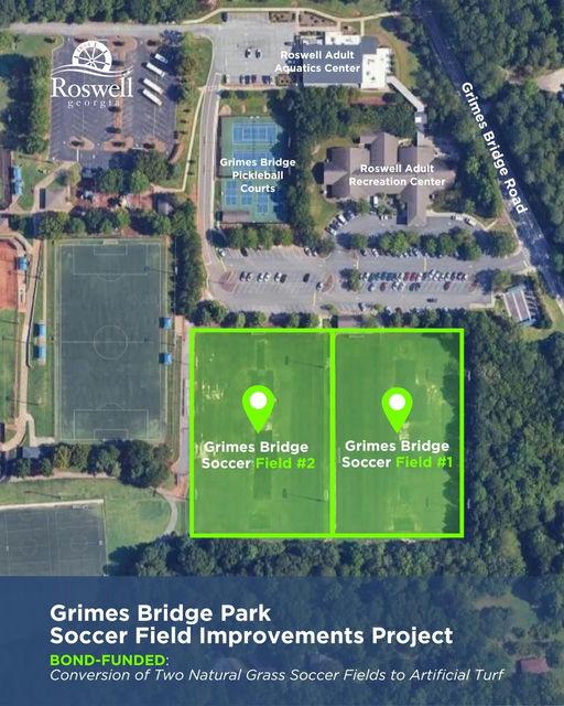 Photo shared by City of Roswell, Georgia on December 18, 2025 tagging @roswellrecandparks. May be an image of soccer, tennis, sports equipment, park and text that says 'Roswell a Roswell Adult Aquatics Center Grimes Bridge Pickleball Courts Roswell RoswellAdult Adult RecreationCenter Recreation Center Coalas Grimes Eridge Bridge Road Road Grimes Bridge SoccerField Field #2 Grimes GrimesBridge Bridge Soccer Field #1 Grimes Bridge Park Soccer Field Improvements Project BOND-FUNDED: Conversion of Two Natural Grass Soccer Fields to Artificial Turf'.