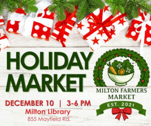 Photo by City of Milton, Georgia on December 09, 2025. May be an image of text that says 'HOLIDAY MARKET DECEMBER 10 I 3-6 3-6PM PM Milton Library 855 Mayfield Rd. MILTON FARMERS MARKET EST. EST.2021 2021'.