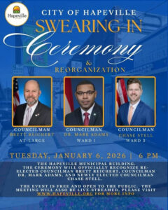 The City of Hapeville invites the public to participate in their Swearing-In Ceremony and City Council Reorganization Meeting. This event is scheduled for Tuesday, January 6, 2026, at 6:00 PM. The ceremony will honor Re-Elected Councilman Brett Reichert, Councilman Dr. Mark Adams, and Newly Elected Councilman Chase Stell. For those unable to attend in person, they can watch the event live at: www.hapeville.org/562/Agendas-and-Minutes