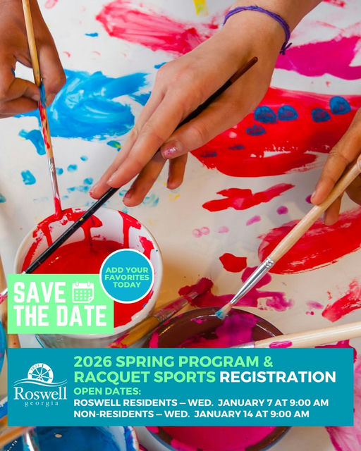 Photo shared by Roswell Recreation and Parks on December 17, 2025 tagging @cityofroswellga. May be an image of tennis, racket, sports equipment and text that says 'ADD FAVORITES ADDYOUR YOUR FAVORITES SAVE SAVEA 戰 TODAY THE THEDATE DATE 2026 SPRING PROGRAM & RACQUET SPORTS REGISTRATION Roswell OPEN DATES: georgia ROSWELL RESIDENTS- WED. JANUARY 7 AT 9:00 AM NON-RESIDENTS-WE NON- WED. JANUARY 14 AT 9:00 A'.